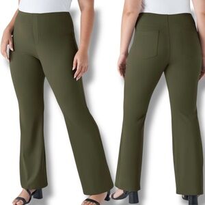 HALARA Olive Green Flare Leg Pull On Trousers Flat Front Back Pockets US Sz XL R